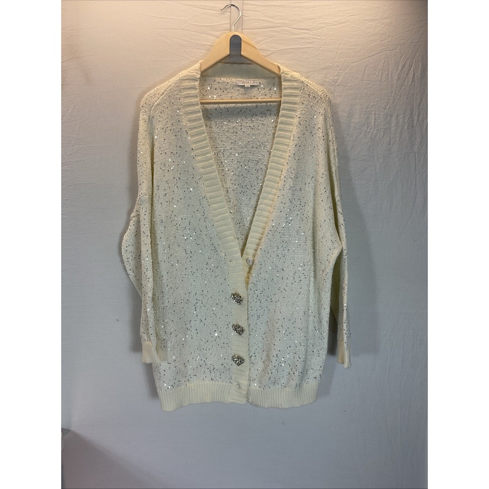 OLIVIA RUBIN Cream Mika Oversize Cardigan Sequin Rhinestone Size M *Flaw* - Picture 2 of 15